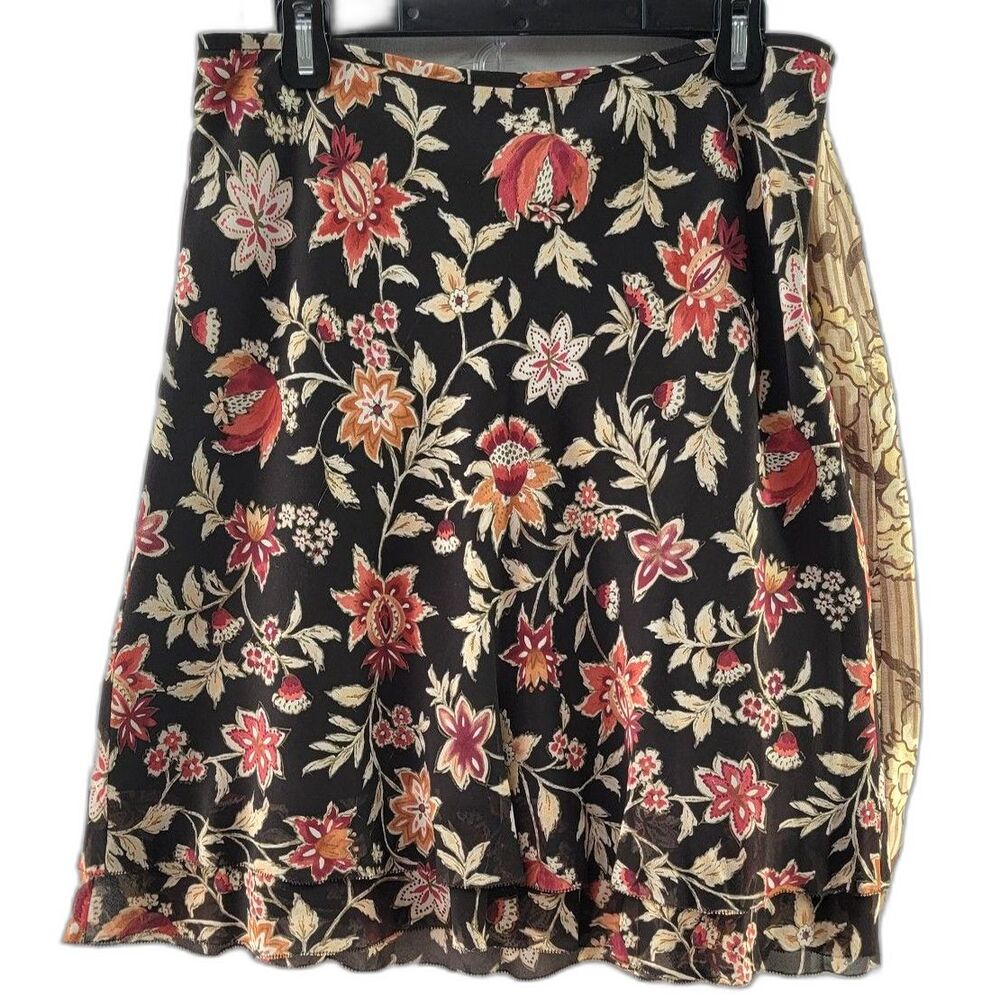 x2 Ann Taylor LOFT Multicolored Floral Pattern 100% Silk Knee Length Skirt S 10P